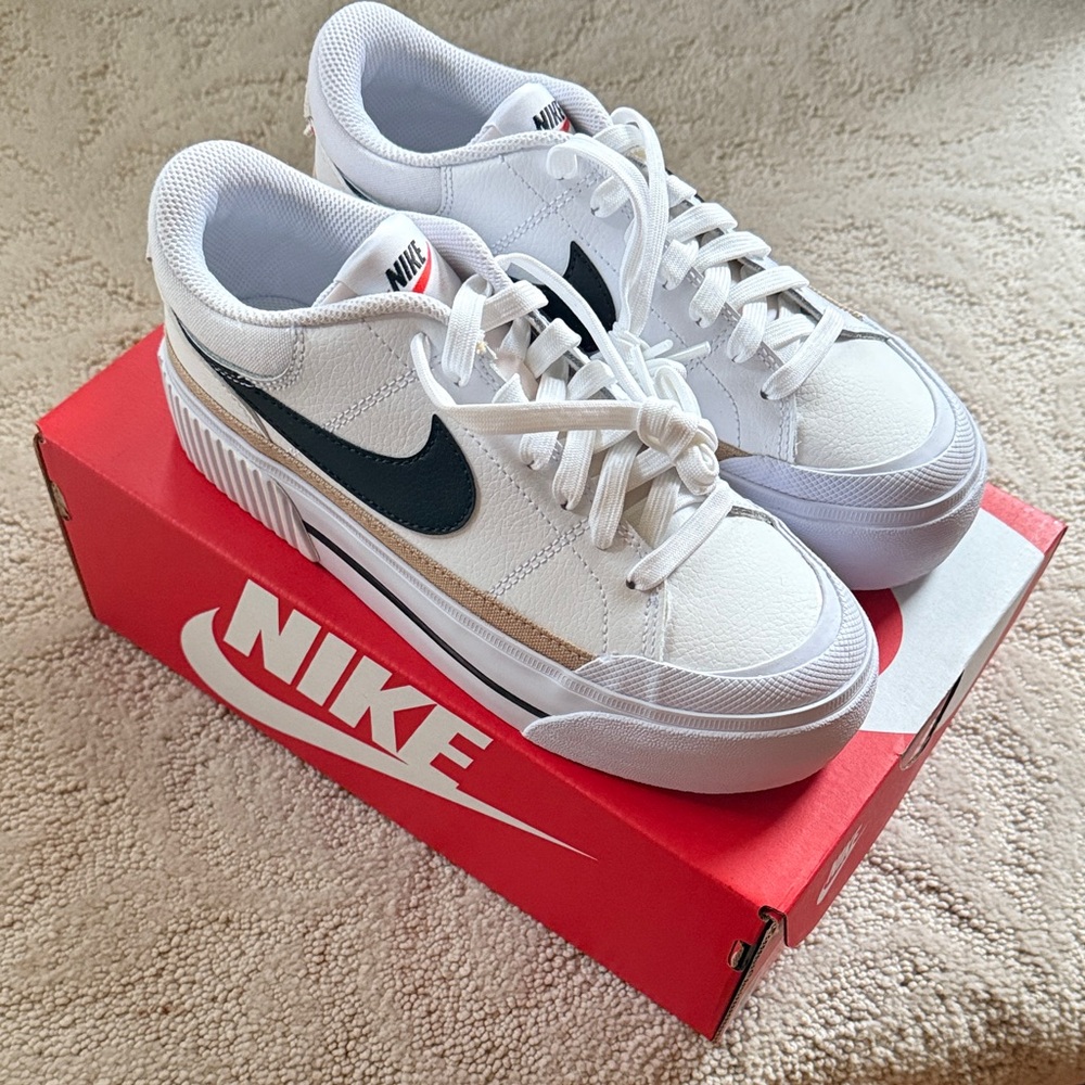 Nike White, Black, & Tan Court Legacy Lift Sneakers